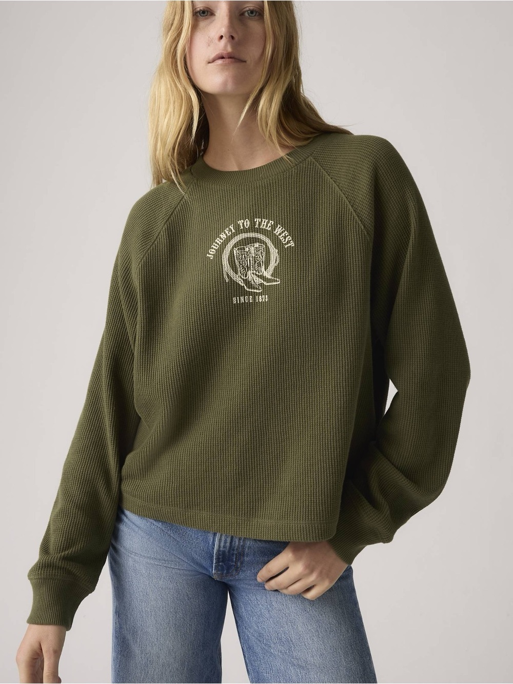 Levi’s Olive Green Waffle Knit Crewneck Sweatshirt “Journey To The West”